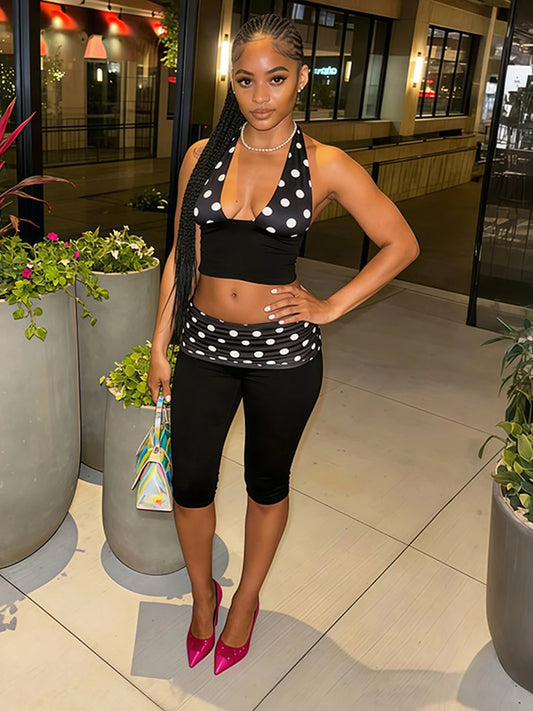 Trend Hottie 2 Piece Set Women Polka Dot Print Patchwork Halter Backless Vest+Ruched Capri Pants Fashion Streetwear