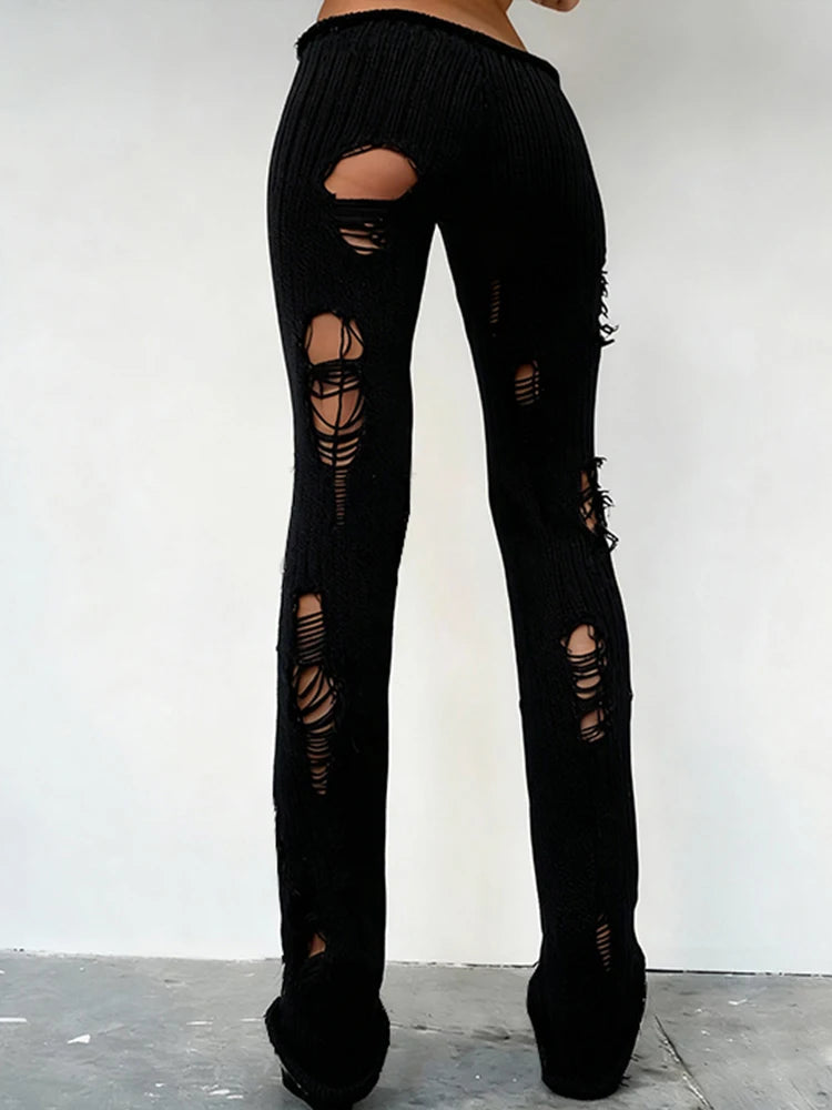 Knit Irregular Ripped Pants Women Autumn Trend Fashion Sexy Hottie Wild Solid Hip-Hop Street Clubwear Skinny Bottom