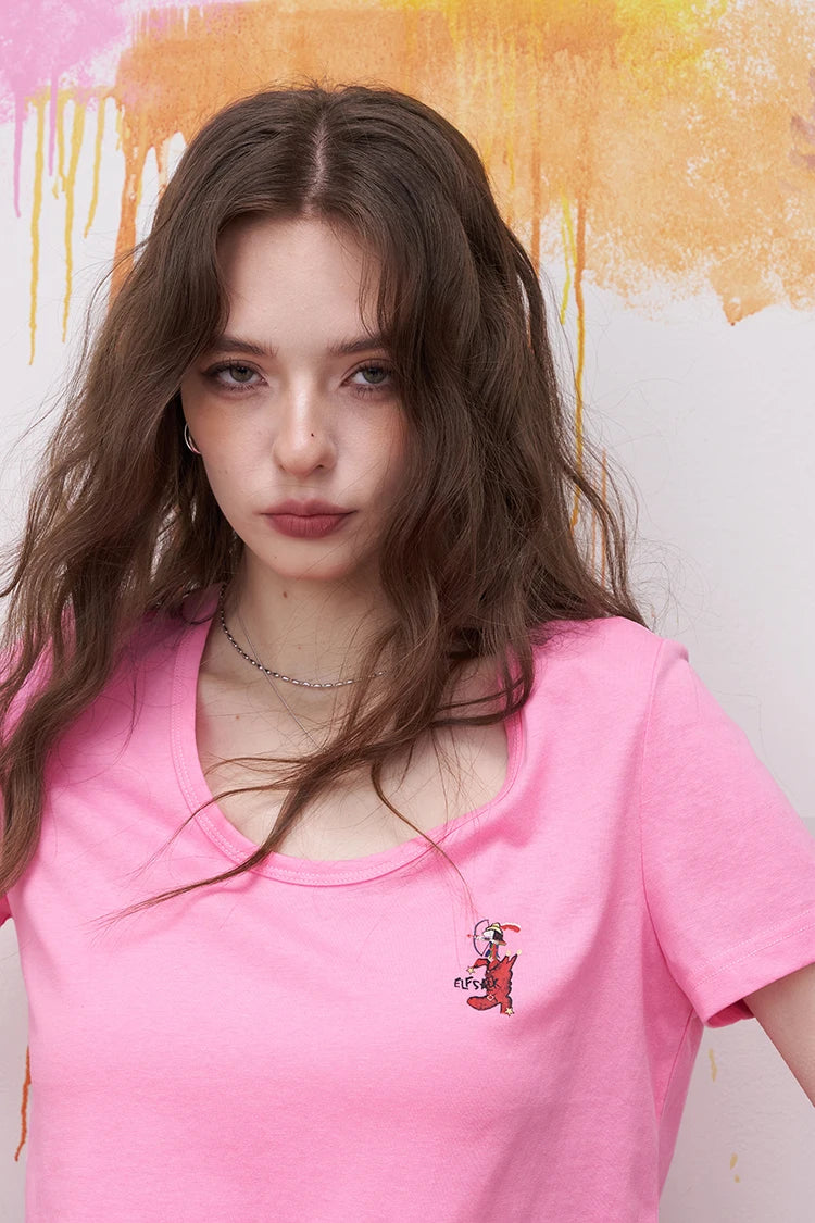 Solid Color Regular Shoulder U-Neck Versatile Slim Casual Crop Top T-Shirt for Women
