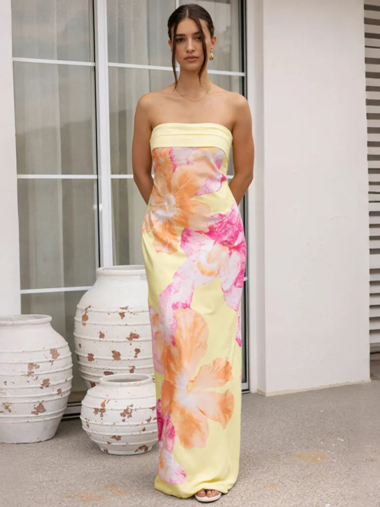 Satin Print Off-shoulder Sexy Maxi Dress Women Gown Elegant Strapless Sleeveless Backless Club Party Long Dresses