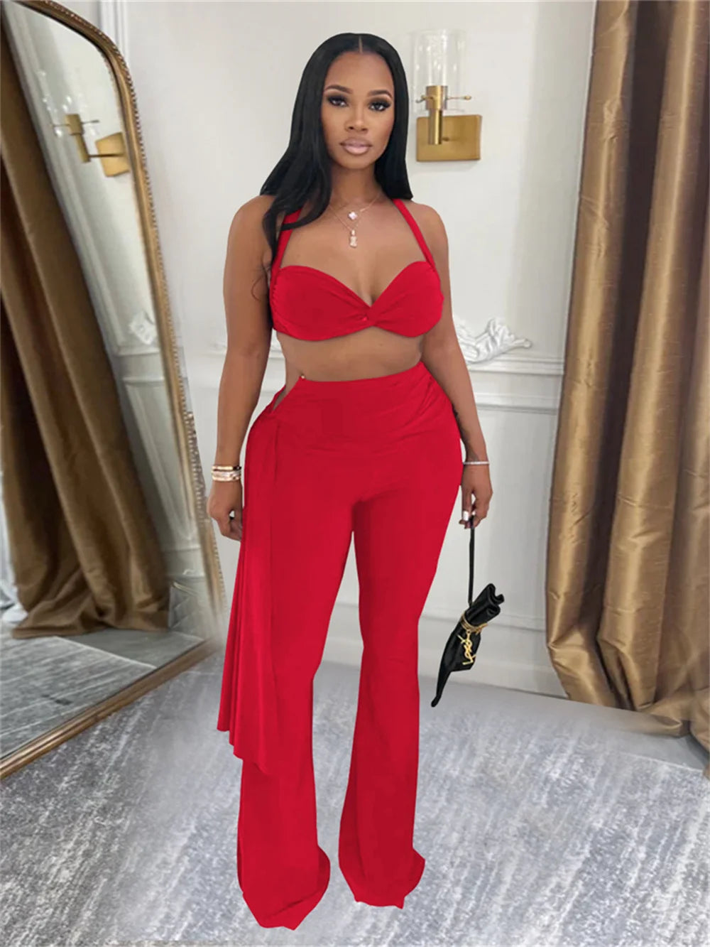 Ruched 2 Piece Set Women Sexy Halter Backless Bra+Metal Casp Ribbon Flared Pants Matching Party Club Stretch Outfits