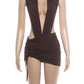 Sexy Wild Style 2 Piece Set Woman Deep V-Neck Backless Bodysuits+Skinny Peach Hip Mini Skirts Hot Girls Fashion Suits