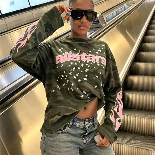 Women Y2K Oversized Waffle Knit Long Sleeve Tee Camo Allstars Letter Star Flame Print Loose Street Casual Pullover Top