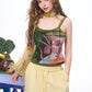 Women's Cropped Cami Top with Patchwork Tropical Leaf Print, Contrast Trim Slim Fit Spaghetti Strap Vest for Summer