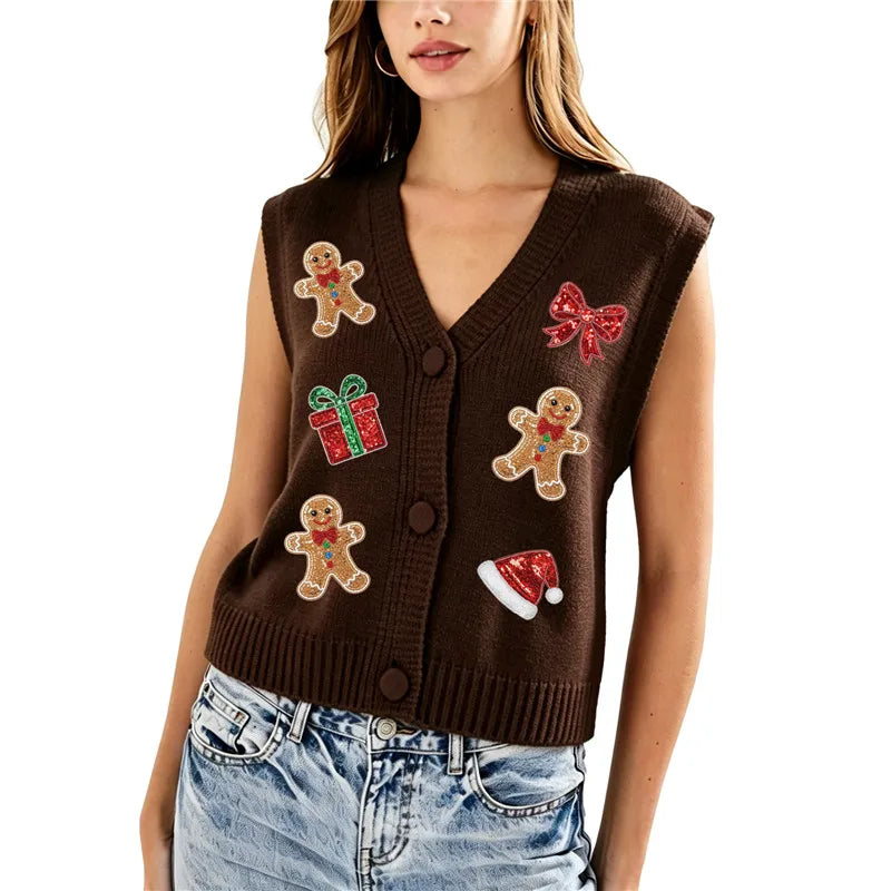 Women Xmas Sleeveless Knit Sweater Vest V Neck Button Down Cropped Waistcoat Sequin Patch Holiday Party Knit Gilet