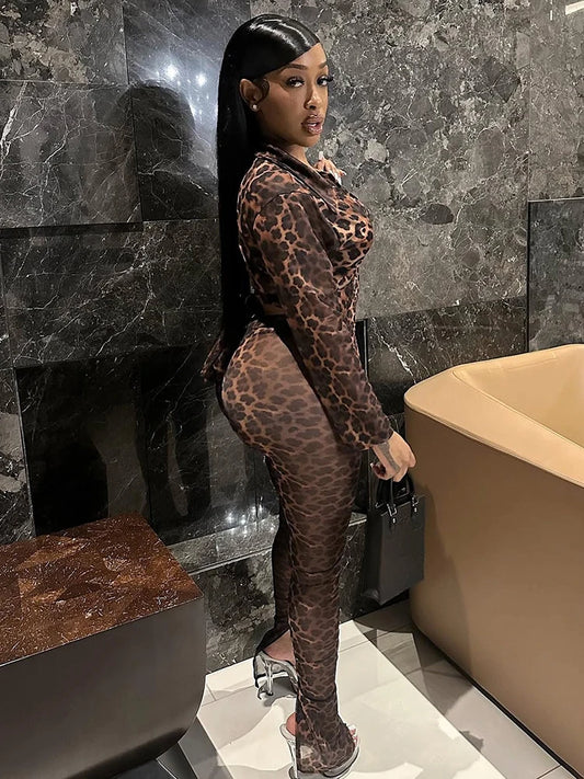 Sexy Wild See Through 2 Piece Set Women Leopard Print Bandage Crop Top+Leggings Matching Midnight Party Clubwear Outfits