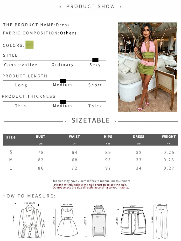 Fashion Color Blocking 2 Piece Set Women Elegant Ruched Backless Halter Tank Top+Peach Hip Skirt Trend Party Clubwear