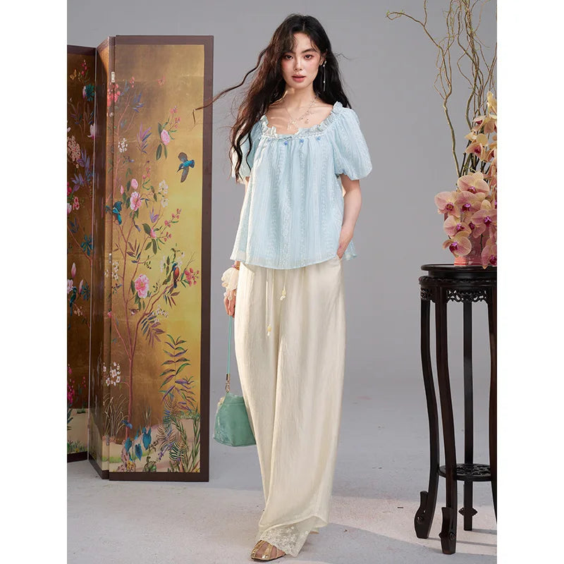 Women's Lace Embroidered Square Neck Blouse, Puff Sleeve Ruffle Neck Casual Loose Top