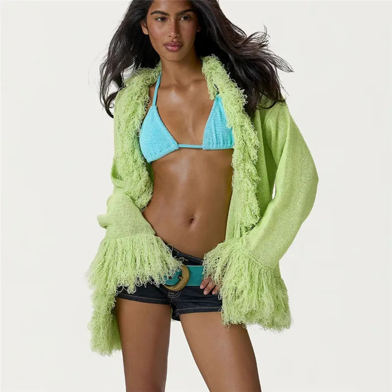 Women Fringe Tassel Knit Cardigan Open Front Long Sleeve Oversized Loose Knitted Coat Beach Cover Up Casual Outer Top