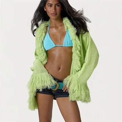 Women Fringe Tassel Knit Cardigan Open Front Long Sleeve Oversized Loose Knitted Coat Beach Cover Up Casual Outer Top