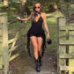 Sexy Black Jumpsuits Street Wear Rave Outfits Deep V Mesh Ruffle Fringe Rompers Woman Summer Clothes 2025