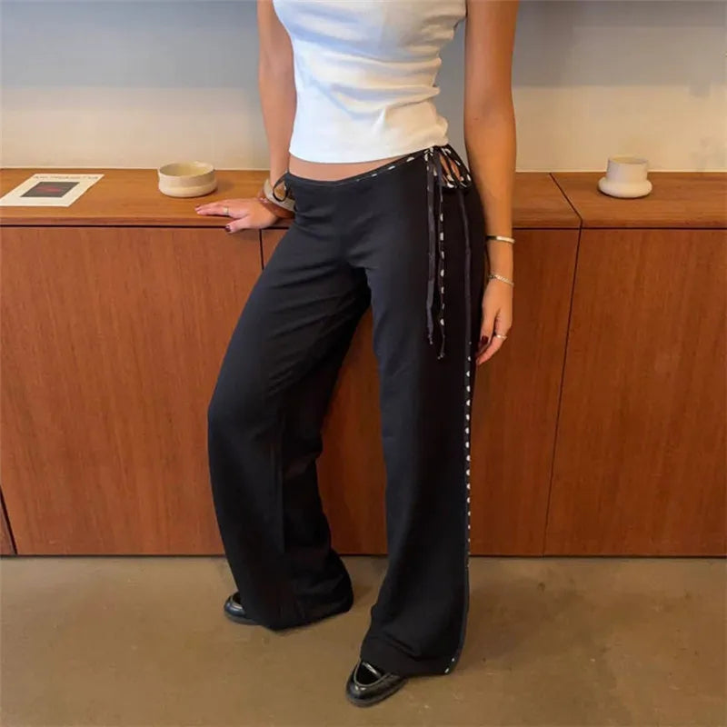Women Y2K Low Rise Flared Trousers Side Waist Cutout Tie Up Slim Fit Stretchy Bootcut Pants Retro Street Daily Pants