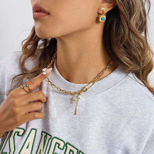 Y2K Patchwork Chain Design Stainless Steel Necklace Paperclip + Glossy Pentagram Cross with Zirconia Pendant Necklace