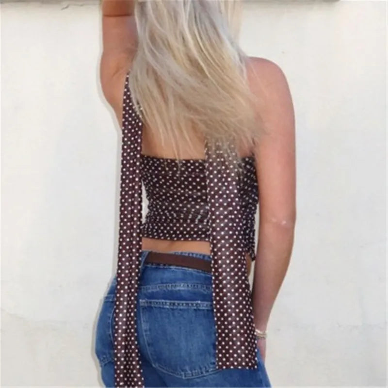 Y2K Retro Polka Dot Mesh Tube Top with Matching Choker Halter Neck Ruched See-Through Cropped Top Edgy Streetwear