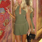 Sexy Backless Dress Women Hottie Halter Bandages Ruched Rivets Patchwork Sleeveless Trend Chic Party Street Bodycon