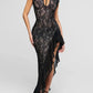 Mesh Lace Ruffled Sexy Maxi Dress For Women Gown Black Hollow Out Sleeveless Thigh High Split Club Long Dress Vestido
