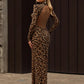 Leopard Print Maxi Dress Women Backless Full Sleeve Turtleneck Peach Butt Folds Skinny Fashion Elegant Banquet Vestidos