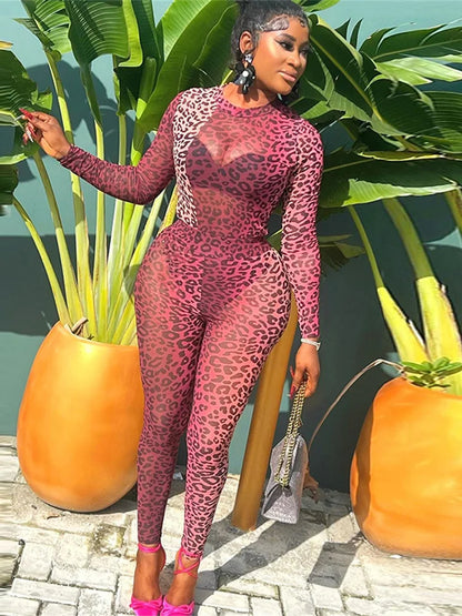 See Through Women 2 Piece Set Sexy Rave Leopard Print Bodysuit+Leggings Body Shaping Tight Matching Activity Clubwear