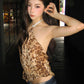 Sexy Halter Tank Tops Women Backless Leopard Lace-Up Hottie Skinny Stretch Street Music Festival Midnight Clubwear