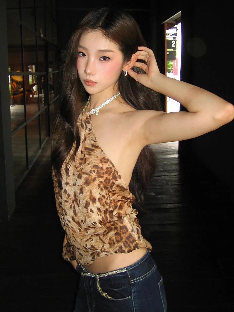 Sexy Halter Tank Tops Women Backless Leopard Lace-Up Hottie Skinny Stretch Street Music Festival Midnight Clubwear