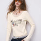 Women's Long Sleeve Graphic Tee with Cartoon Print, Lace Trim Crop Top, Cute Casual T-Shirt for Daily Wear