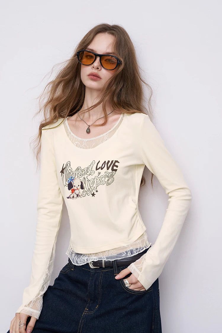 Women's Long Sleeve Graphic Tee with Cartoon Print, Lace Trim Crop Top, Cute Casual T-Shirt for Daily Wear