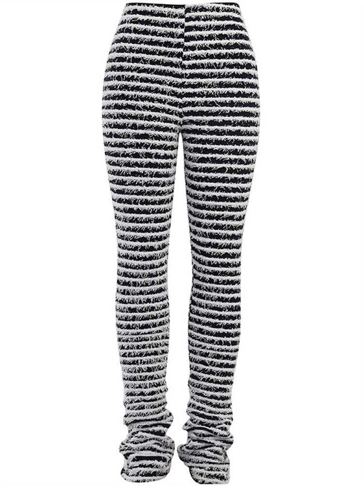 Striped Fluffy Stacked Pants High Waist Trend Causal Sporty Leggings Skinny Elastic Wild Streetwear Shaggy Trouser