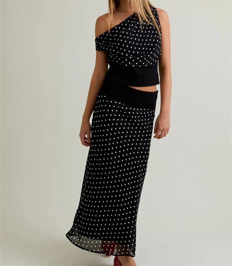 Women's 2 Piece Skirt Outfits Off One Shoulder Y2K Dots Print Tank Tops and Long Skinny Skirt Set Summer Party Clubwear