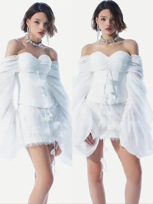 3d Flowers Tassel Crop Tops Women Slash Neck Patchwork Mesh Flare Sleeve Skinny 2025 Autumn Elegant High Street Tops