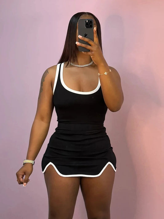 Casual Simple Women 2 Piece Set Tracksuit Skinny Tank Tops+Irregular Hem Skirts Matching Stretch Streetwear Outfits