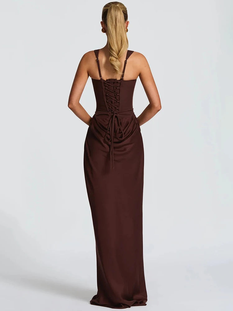Backless Ruched Sexy Maxi Dress Women Elegant Square Collar Tapered Straps Sleeveless Bodycon Club Party Long Dress