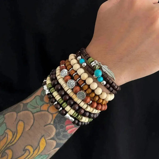 9Pcs/Set Ethnic Feather Tree of Life Pendant Bracelet for Men on Hand Elastic Wooden Beaded Bangles Couple Jewelry Gift