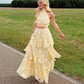 Vintage Polka Dot Halter Back Tie 2 Piece Matching Set Women Sleeveless Crop Top Tiered Layer Ruffle Long Skirt Summer