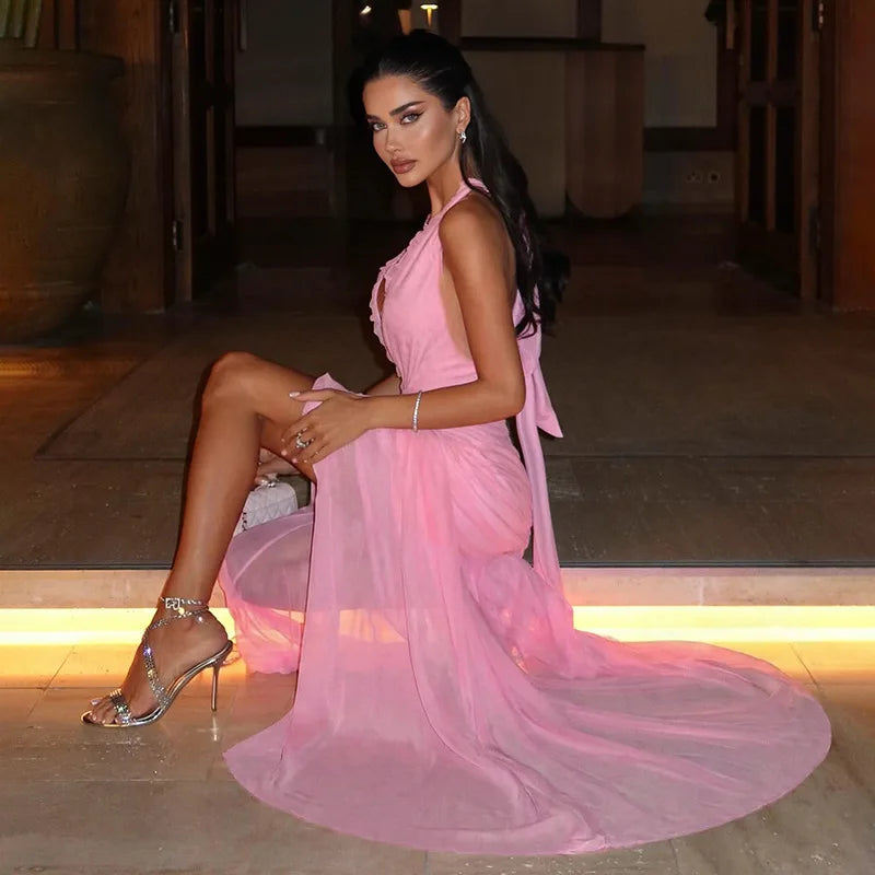 Pink Mesh Maxi Dresses for Woman Sexy Birthday Outfit Elegant Halter Backless Pleated Dress for Wedding Guest
