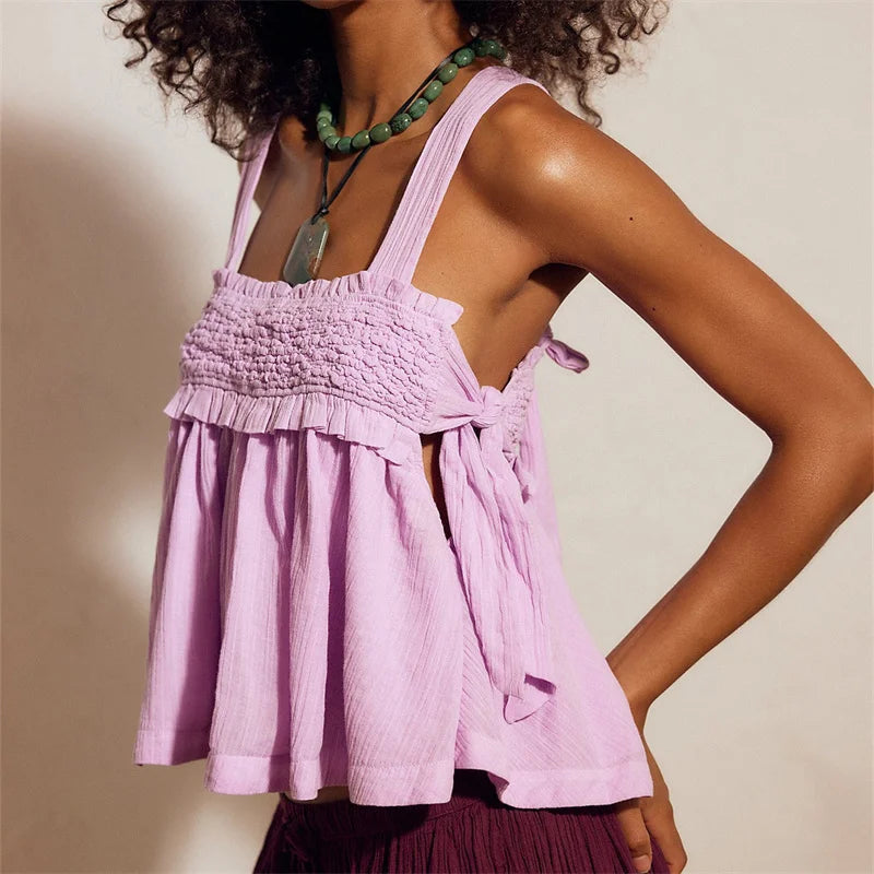 Boho Smocked Ruffle Crop Cami Solid Color Adjustable Tie Back Spaghetti Strap Loose Summer Beach Vacation Tank Top