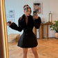 Blazer Mini Dress with Faux Fur Collar and Cuffs Elegant Deep V Neck Long Sleeve Mini Dresses White Black