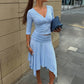 Women 2 Piece Outfits V‑Neck 3/4 Sleeve Wrap Crop Top High Waist Ruched Midi Skirt Set Y2K Matching Suit Streetwear