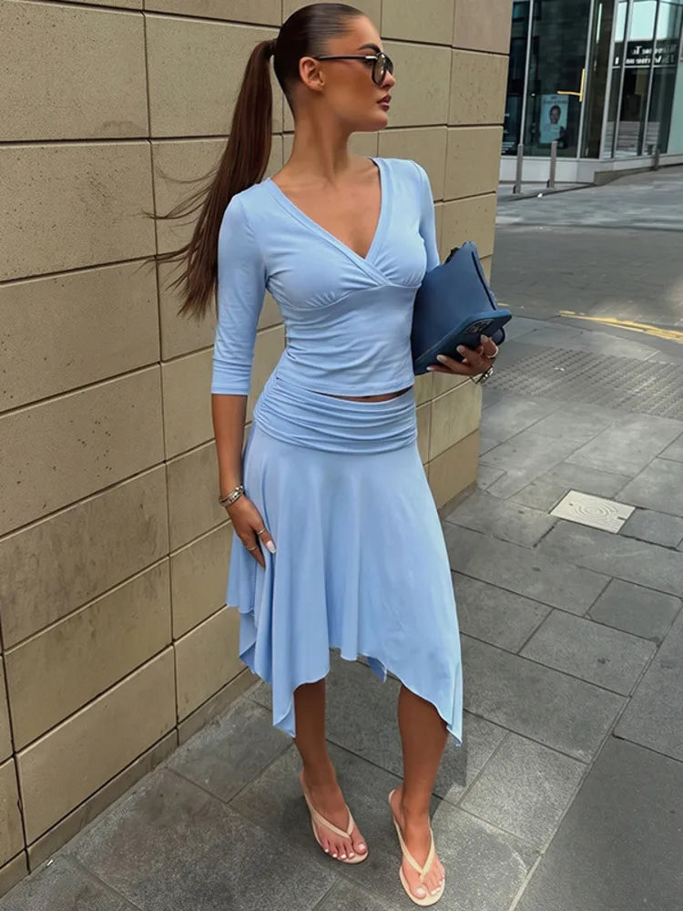 Women 2 Piece Outfits V‑Neck 3/4 Sleeve Wrap Crop Top High Waist Ruched Midi Skirt Set Y2K Matching Suit Streetwear