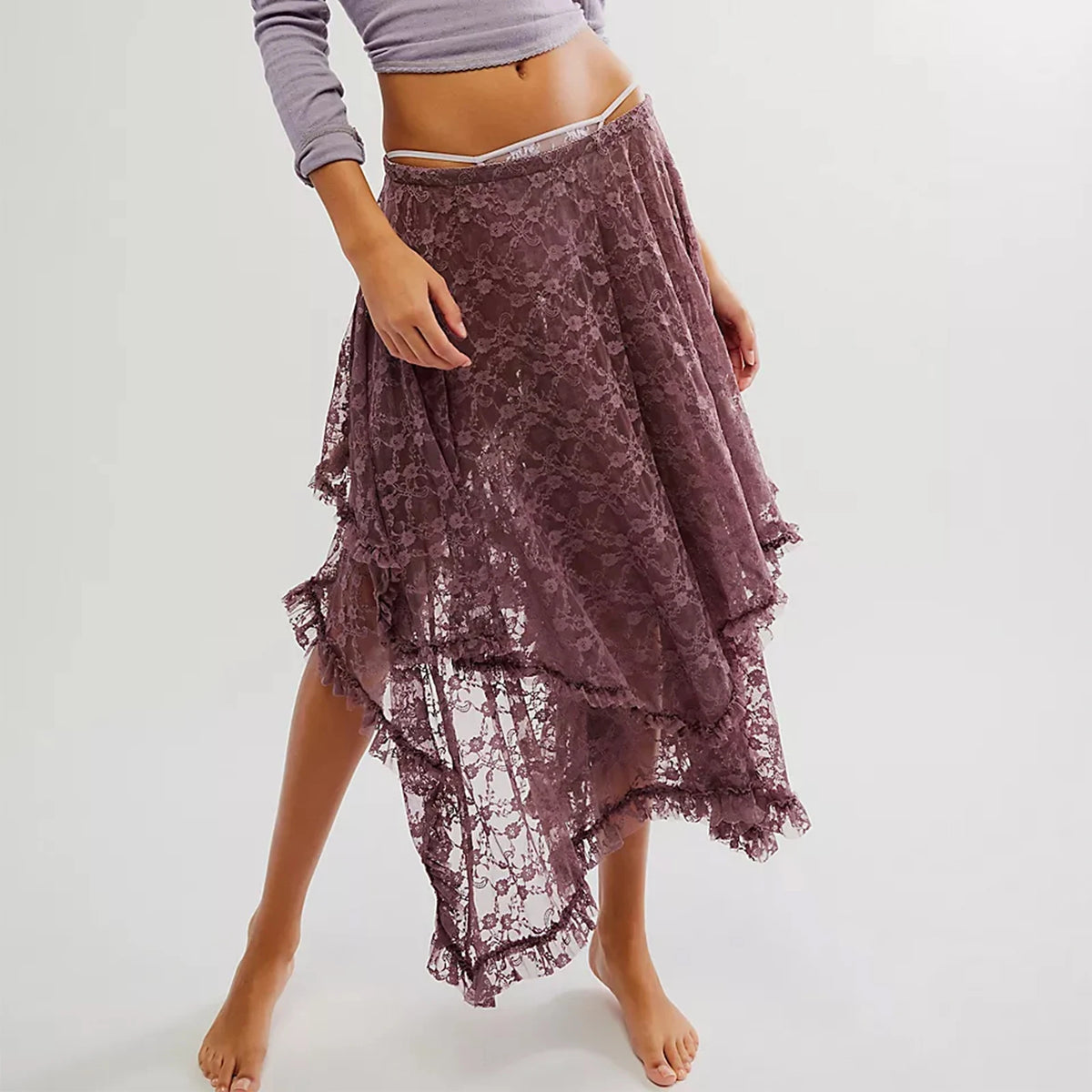 Floral Lace Long Skirt for Women Y2K Elastic Waist Asymmetrical Layered Maxi Skirt Sexy See Through Flowy Beach Skirt