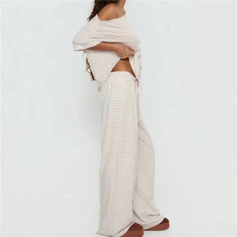 Off Shoulder Striped 2 Piece Outfit Women Loose Short Sleeve Crop Top Drawstring Wide Leg Pants Casual Lounge Pajama Set