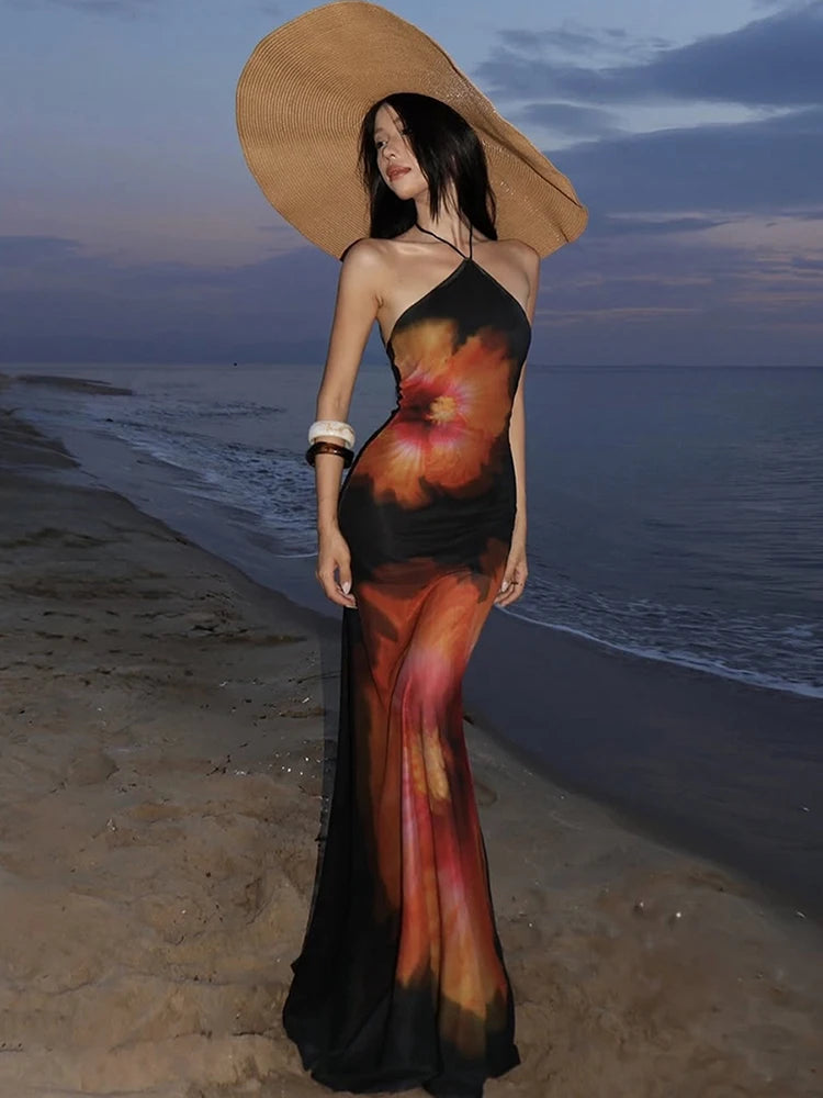 Stretch See Through Dress Women Beach Vacation Flower Print Halter Backless Bandage Sleeveless Party Elegant Vestidos