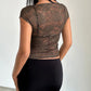 Women Y2K Vintage Floral Lace Crop Top Goth Grunge Cap Sleeve Scoop Neck See-Through Sheer Mesh Baby Tees