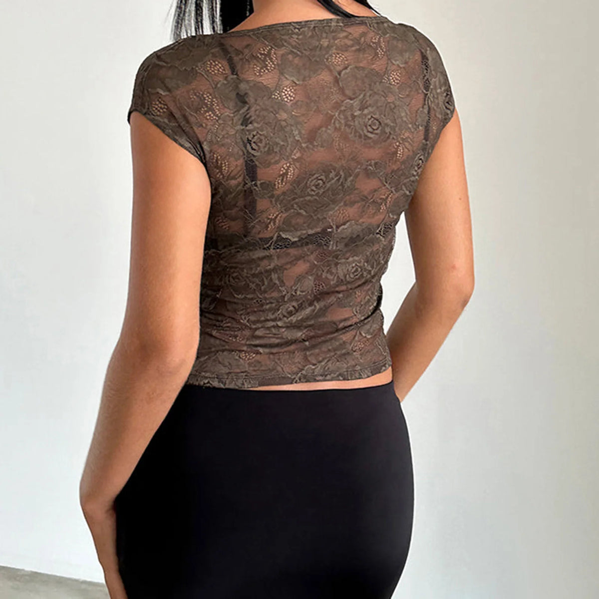 Women Y2K Vintage Floral Lace Crop Top Goth Grunge Cap Sleeve Scoop Neck See-Through Sheer Mesh Baby Tees