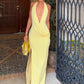 Women Halter Deep V Sexy Maxi Dress Draped Split Long Evening Party Dress Sleeveless Backless Wedding Guest Dresses