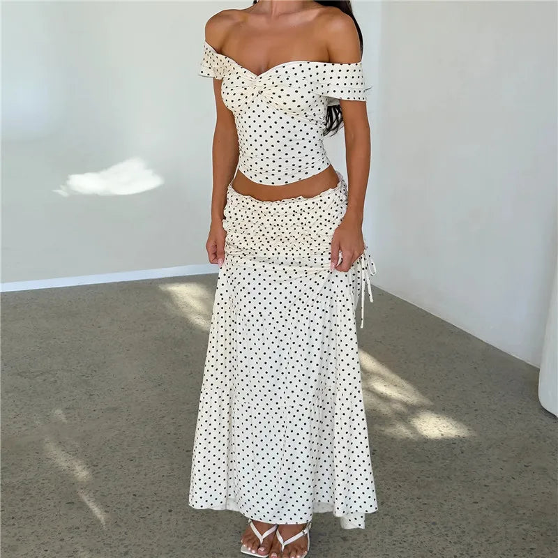 Y2K Women Polka Dot Two Piece Matching Set Off Shoulder Twist Crop Top High Waist Ruched Drawstring Tiered Maxi Skirt