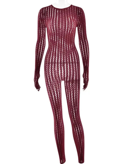 Sexy See Through Jumpsuit Women Coquette o-Neck Full Sleeve Stretch Hipster Skinny Fit 2026 Spring Clubwear Overalls