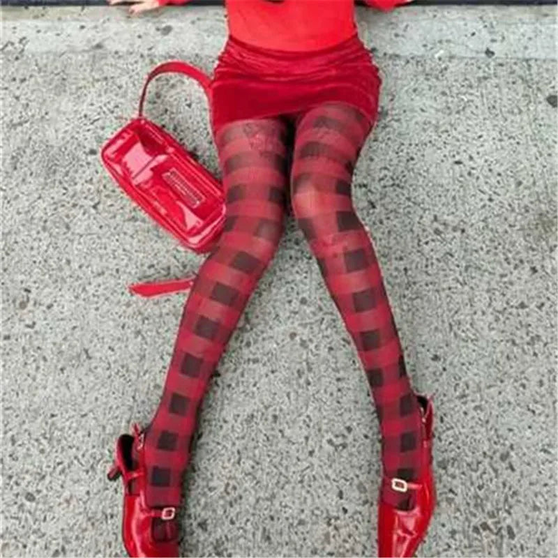Womens Y2K Printed Sheer Tights Color Plaid Polka Dot Pattern Transparent Pantyhose Fashion Street Cosplay Hosiery