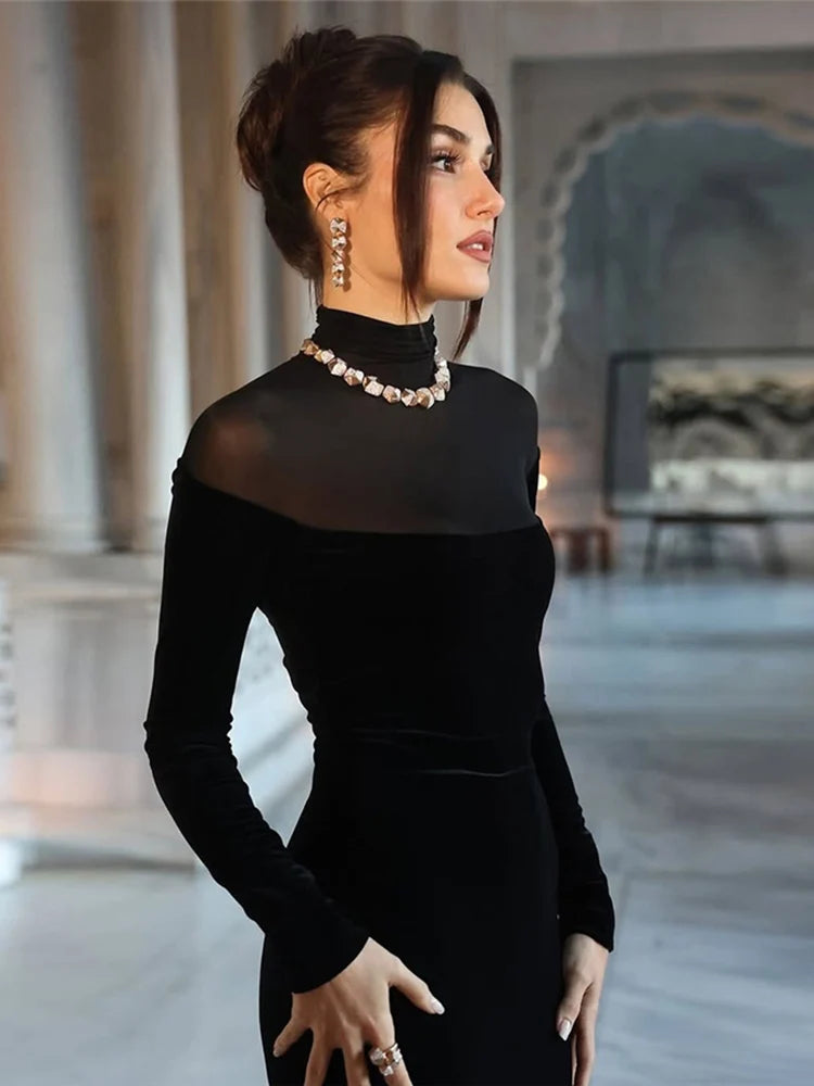 Full Sleeve Turtleneck Mesh Patchwork Long Dress Woman Elegant Velvet Slim High Waist Evening Prom Party Elegant Bodycon