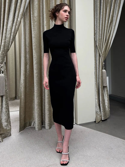 Sexy Backless Long Dress Woman Summer Trend Turtleneck Short Sleeve High Waist Skinny Stretch Prom Elegant Vestidos