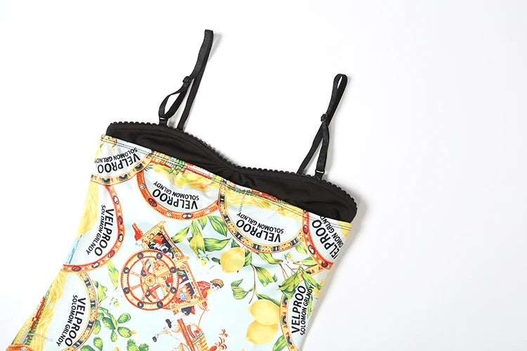 Patchwork Straps Dress Women Y2K Lemon Print Sleeveless Skinny Tight Vacation Beach Party Elegant Banquet Vestidos